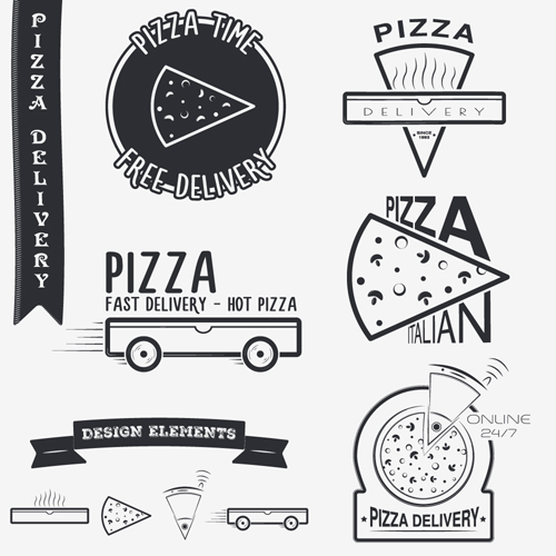 Creative pizza delivery labels with logos vintage vector 01