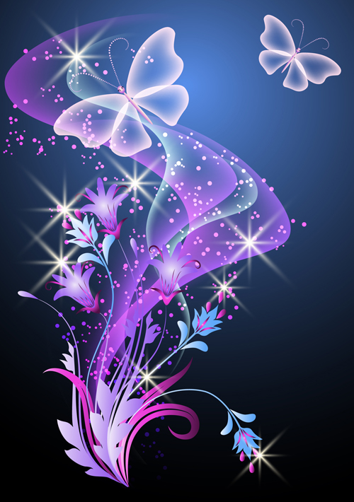 Fantasy butterflies with background vector graphics 01