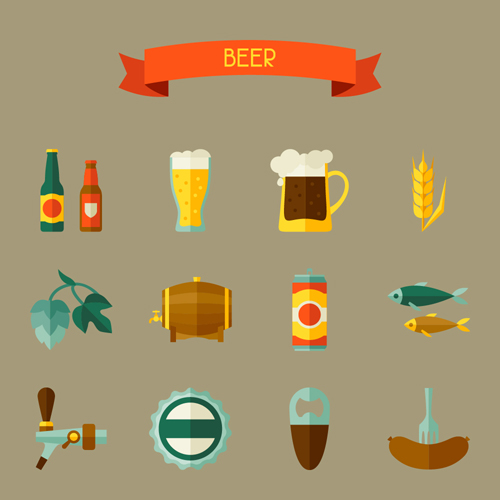 Flat style beer icons with ribbon vector