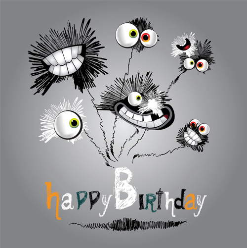 Funny cartoon character with birthday cards set vector 01