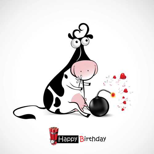 Funny cartoon character with birthday cards set vector 07
