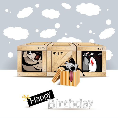 Funny cartoon character with birthday cards set vector 14