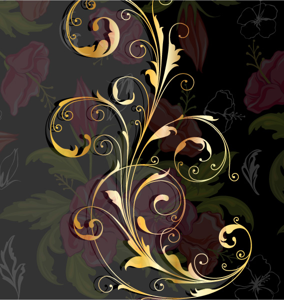 Glossy golden floral ornaments vector background 01