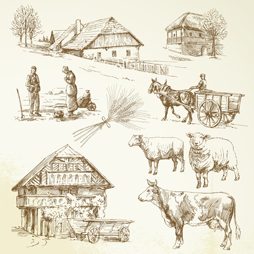 Hand drawn agriculture with farm vectors 01