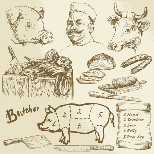 Hand drawn butcher elements vector