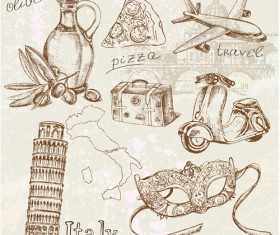 Hand drawn pizza with travel elements vector