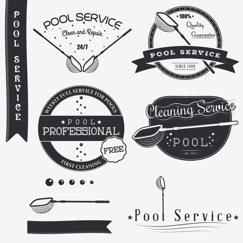 Pool service logos with labels black vector 01