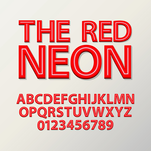 Red neon alphabet with number design vector