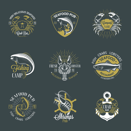 Sea food badges with labels vector set 01
