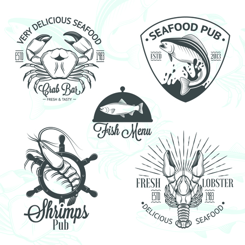 Sea food badges with labels vector set 02