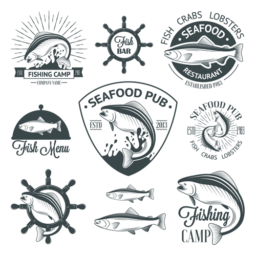 Sea food badges with labels vector set 06