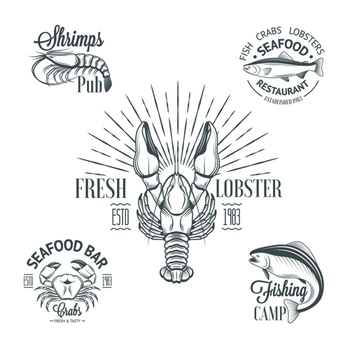 Sea food badges with labels vector set 07