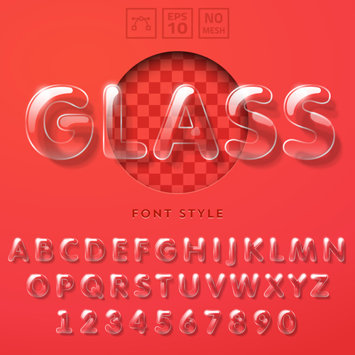 Transparent glass alphabet and number vectors