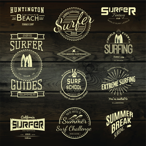 Vintage badges with labels and wood background vector 01
