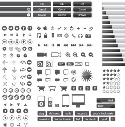 Black web buttons with icons creative design vector
