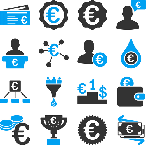 Euro and financial business Icons vector set 02