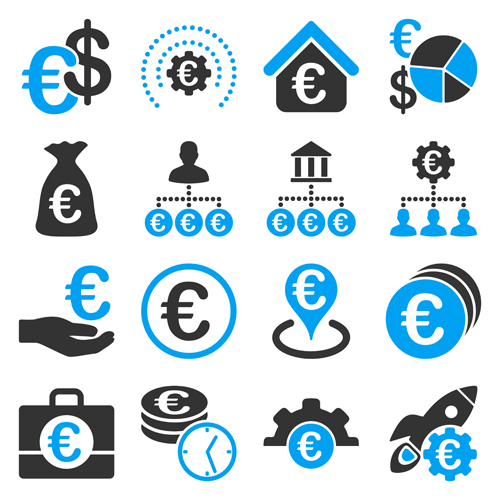 Euro and financial business Icons vector set 05