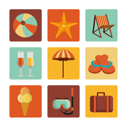 Flat styles summer holiday vintage icons set