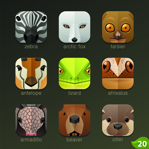 Funny animal icons flat style vector 08