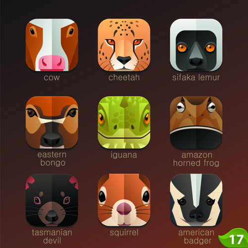 Funny animal icons flat style vector 10
