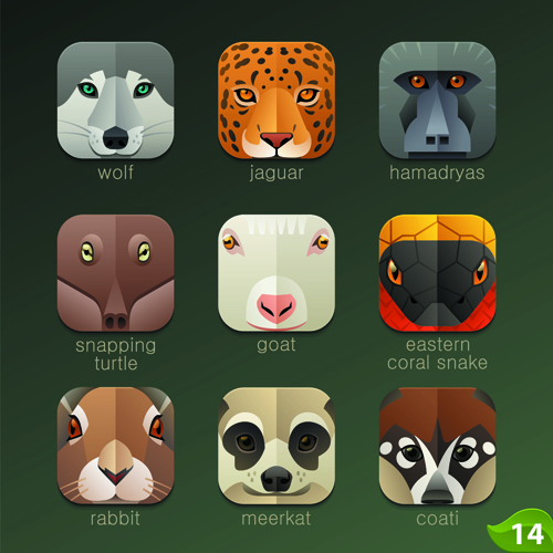 Funny animal icons flat style vector 11