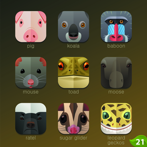 Funny animal icons flat style vector 13