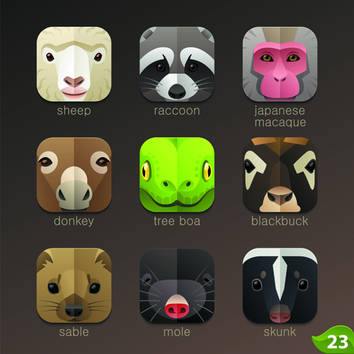 Funny animal icons flat style vector 14