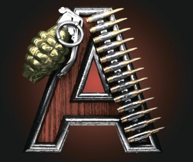 Metal alphabet with bullet and grenade vectors set 01