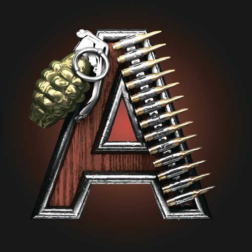 Metal alphabet with bullet and grenade vectors set 01