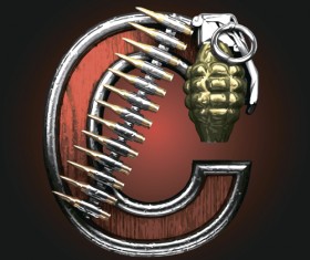 Metal alphabet with bullet and grenade vectors set 03