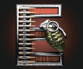Metal alphabet with bullet and grenade vectors set 05