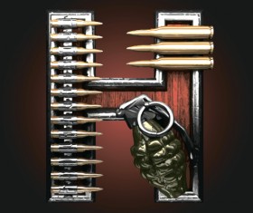 Metal alphabet with bullet and grenade vectors set 08