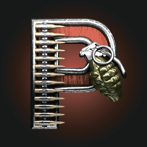 Metal alphabet with bullet and grenade vectors set 16