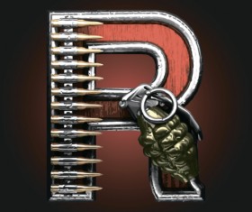 Metal alphabet with bullet and grenade vectors set 18