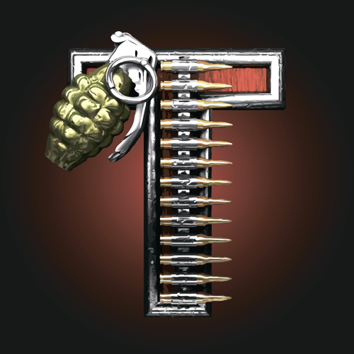 Metal alphabet with bullet and grenade vectors set 20
