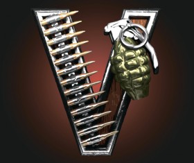 Metal alphabet with bullet and grenade vectors set 22