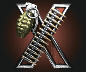 Metal alphabet with bullet and grenade vectors set 24
