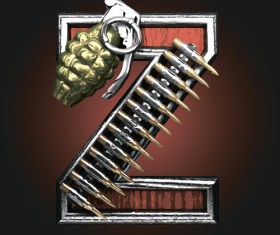 Metal alphabet with bullet and grenade vectors set 26