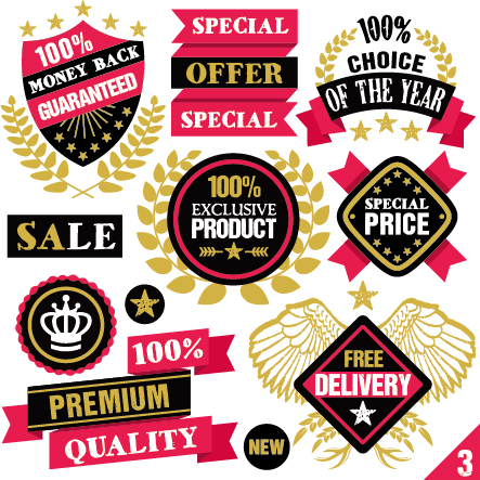 Premium quality ribbon labels with sticker vector material 03