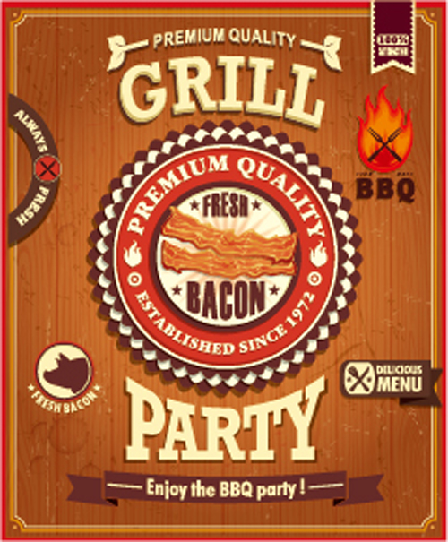 Retro grill party poster vector material 01