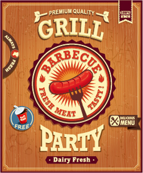 Retro grill party poster vector material 02