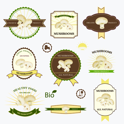 Retro mushrooms labels design vector