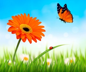 Summer grass with flower and butterfly background vector 01