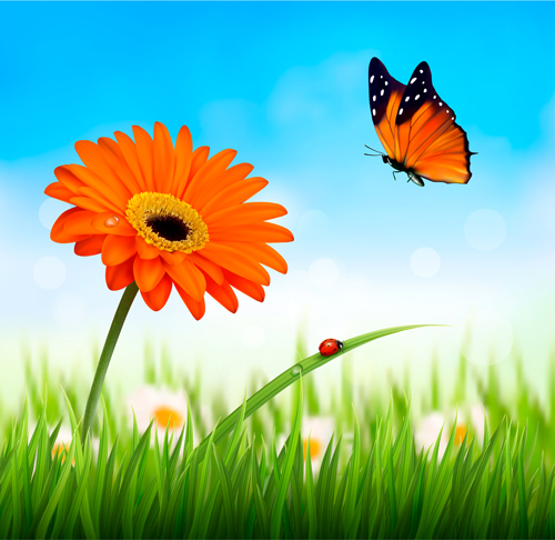 Summer grass with flower and butterfly background vector 01