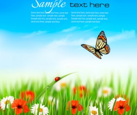 Summer grass with flower and butterfly background vector 02