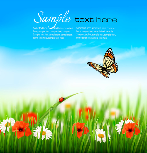Summer grass with flower and butterfly background vector 02