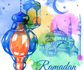 Watercolor drawing ramadan Kareem vector background 02