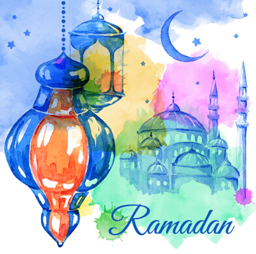 Watercolor drawing ramadan Kareem vector background 02