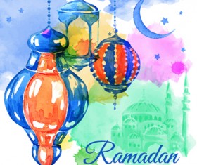 Watercolor drawing ramadan Kareem vector background 11