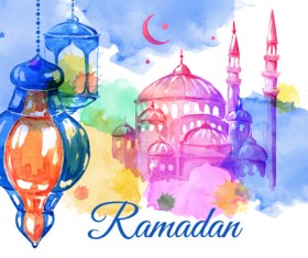 Watercolor drawing ramadan Kareem vector background 15